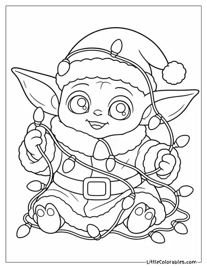 Baby Yoda Dressed as Santa Tangled in Christmas Lights Coloring Page