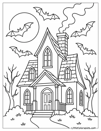 Bat Swarm Circling a Haunted House Chimney Billowing Eerie Smoke Coloring Page