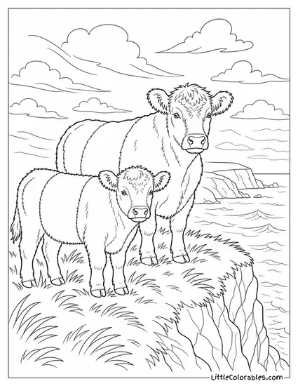 Belted Galloway Cattle Standing on a Clifftop in a Stiff Coastal Wind Coloring Page