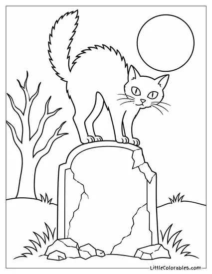 Black Cat Arching Its Back Atop a Crumbling Stone Tombstone Coloring Page