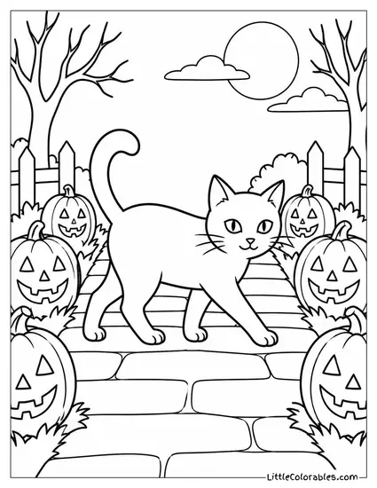 Black Cat Crossing a Path Lined with Glowing Jack O Lanterns Coloring Page