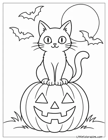Black Cat Perched Atop a Jack O Lantern as Bats Streak Overhead Coloring Page