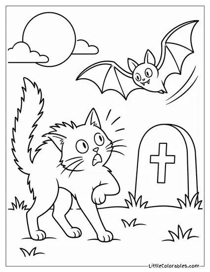 Black Cat Startled by a Bat Swooping Past a Tombstone Coloring Page