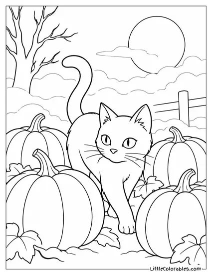 Black Cat Weaving Between Pumpkins in a Foggy Patch at Dusk Coloring Page