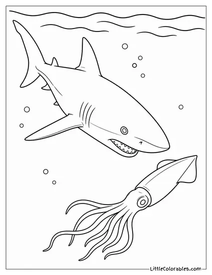 Blue Shark Hunting Squid in Open Ocean Coloring Page