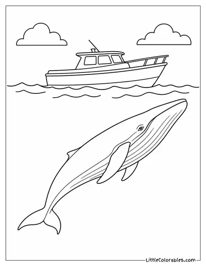 Blue Whale Passing Below a Boat Coloring Page