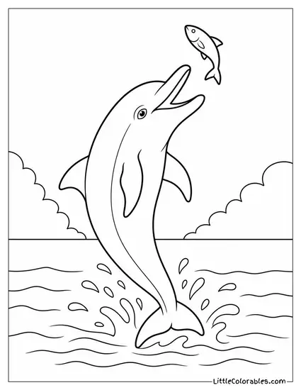 Bottlenose Dolphin Tossing a Fish Before Catching It Coloring Page