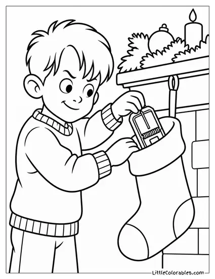 Boy Booby-Trapping His Christmas Stocking Coloring Page