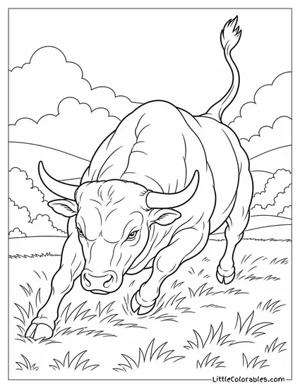 Bull Charging Across a Field with His Head Low and Tail Raised Straight Up Coloring Page