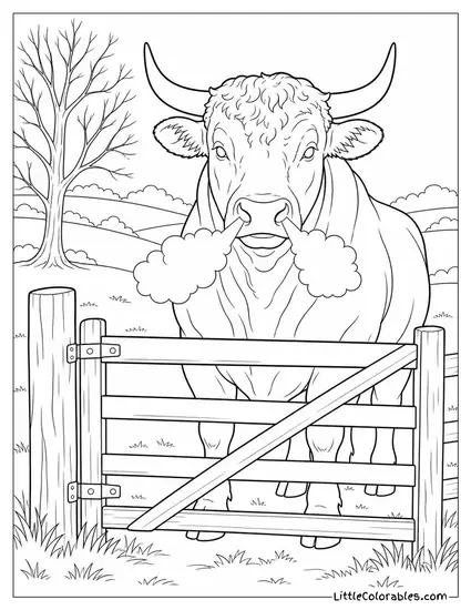 Bull Standing at a Field Gate Snorting Clouds of Steam Into Cold Air Coloring Page