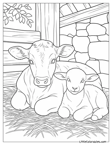 Calf and a Lamb Resting Side by Side in a Sunny Sheltered Corner Coloring Page