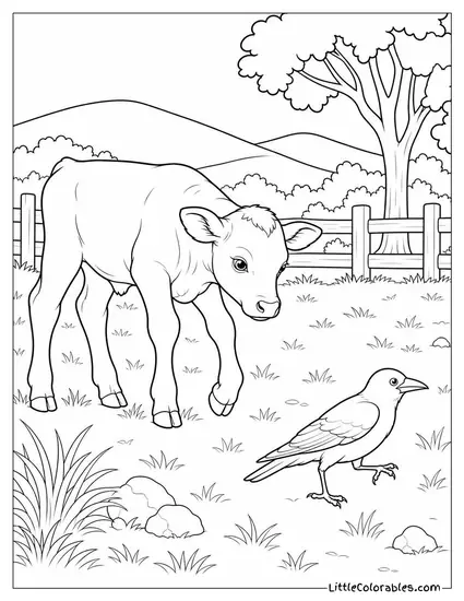 Calf Investigating a Crow Hopping Nearby with Slow Cautious Steps Coloring Page