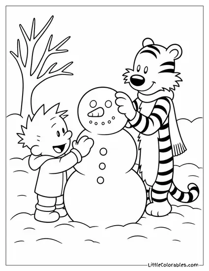 Calvin and Hobbes Building a Snowman Together Coloring Page