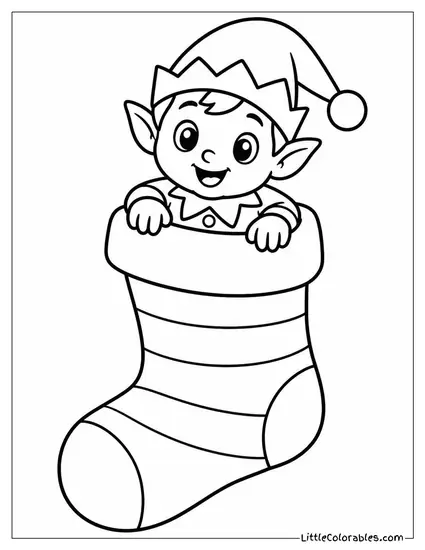 Cartoon Christmas Stocking with an Elf Climbing Out Coloring Page
