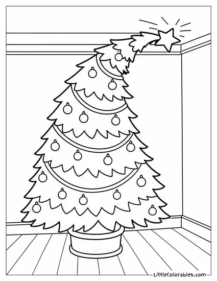 Cartoon Christmas Tree Bending Against the Ceiling Coloring Page