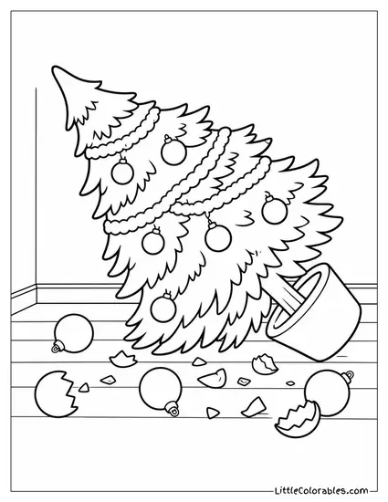 Cartoon Christmas Tree Falling Over Scattering Ornaments Coloring Page