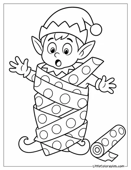 Cartoon Elf Accidentally Wrapping Himself in Gift Paper Coloring Page