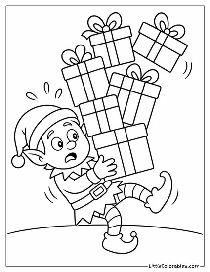 Cartoon Elf Toppling Under Too Many Gifts Coloring Page