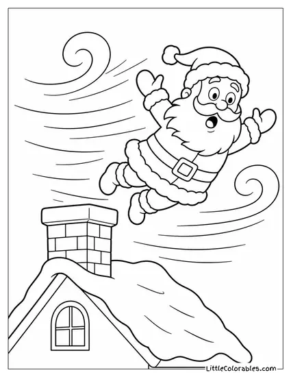 Cartoon Santa Blowing Away in a Strong Gust Off a Rooftop Coloring Page