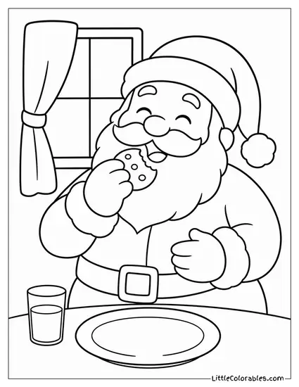Cartoon Santa Eating All the Cookies Left Out for Him Coloring Page
