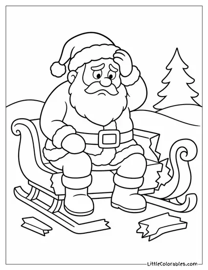 Cartoon Santa Sitting on a Broken Sleigh Looking Frustrated Coloring Page