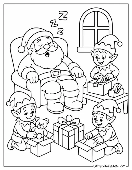 Cartoon Santa Snoring in an Armchair While Elves Pack Around Him Coloring Page