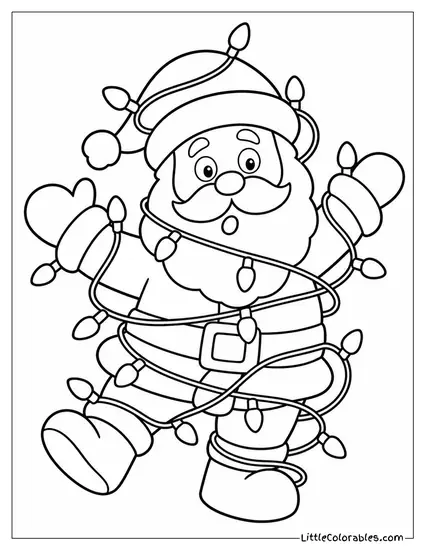 Cartoon Santa Tangled in a String of Christmas Lights Coloring Page