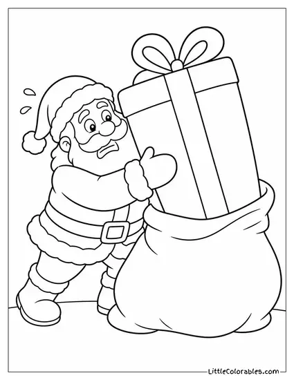 Cartoon Santa Trying to Squeeze a Giant Present Into His Sack Coloring Page