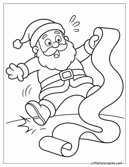 Cartoon Santa with a List So Long He Trips Over It Coloring Page