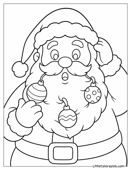 Cartoon Santa with Ornaments Accidentally Stuck in His Beard Coloring Page