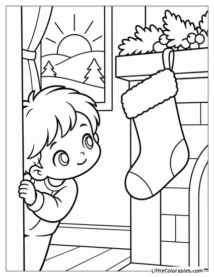 Chibi Child Peeking at a Christmas Stocking at Dawn Coloring Page