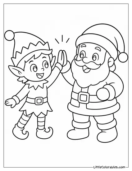 Chibi Elf and Chibi Santa High-Fiving Coloring Page