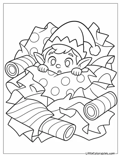 Chibi Elf Buried Under Wrapping Paper Coloring Page