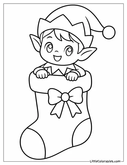 Chibi Elf Climbing Out of a Christmas Stocking Coloring Page