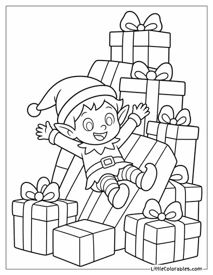 Chibi Elf Sliding Down a Pile of Gifts Coloring Page