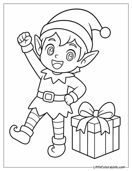 Chibi Elf Victory Pose After Finishing Gift Wrapping Coloring Page