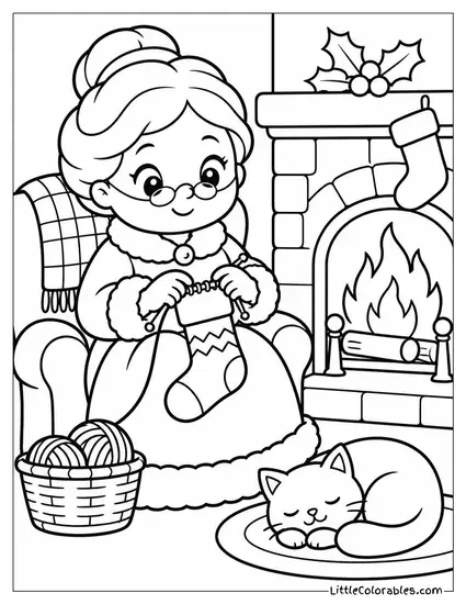 Chibi Mrs Claus Knitting a Christmas Stocking by Firelight Coloring Page