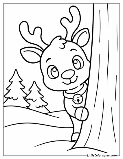 Chibi Reindeer Peeking Out from Behind a Tree Coloring Page