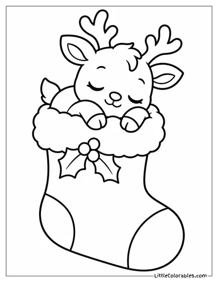 Chibi Reindeer Sleeping in a Giant Christmas Stocking Coloring Page