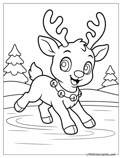 Chibi Reindeer Sliding on a Frozen Pond Coloring Page