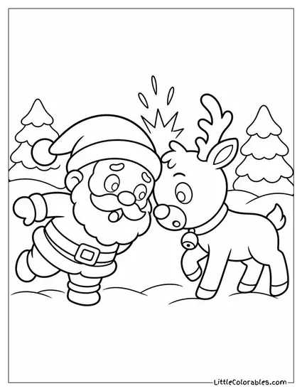 Chibi Santa and Chibi Reindeer Bumping Heads by Accident Coloring Page