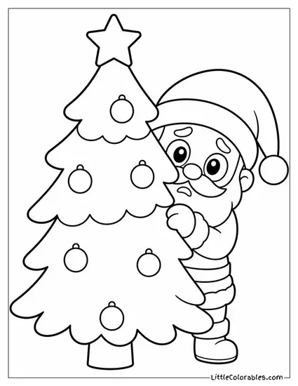Chibi Santa Peeking Around a Christmas Tree with Wide Nervous Eyes Coloring Page