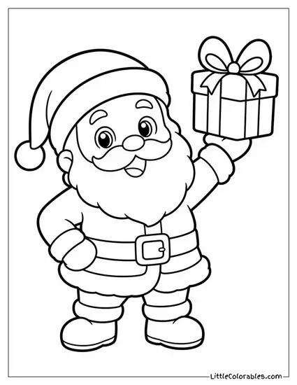 Chibi Santa Proudly Holding Up a Single Perfectly Wrapped Gift Coloring Page