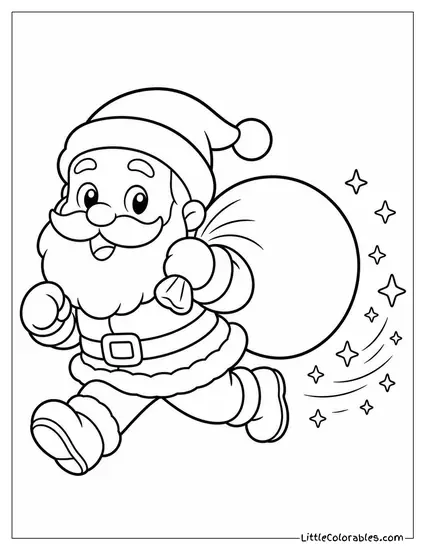 Chibi Santa Running with a Gift Bag Trailing Sparks Behind Him Coloring Page