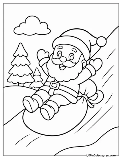 Chibi Santa Sliding Down a Hill on His Sack Like a Sled Coloring Page