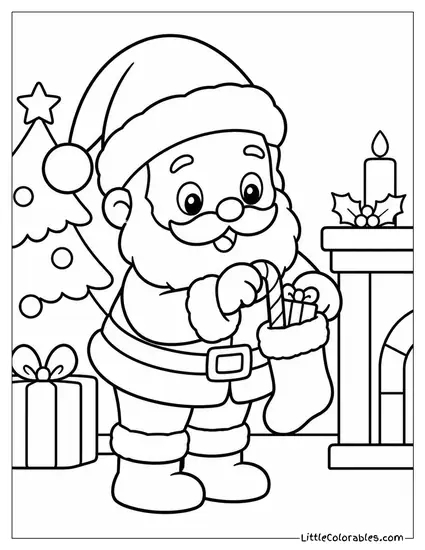 Chibi Santa Stuffing a Tiny Christmas Stocking Coloring Page