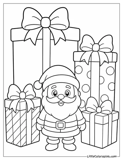 Chibi Santa Surrounded by Wrapped Gifts Twice His Own Size Coloring Page