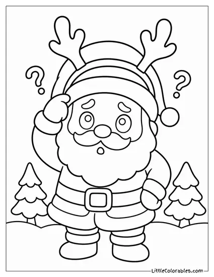 Chibi Santa Wearing Reindeer Antlers Headband Looking Confused Coloring Page