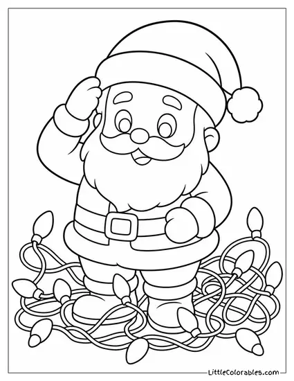 Chibi Santa with a Tangled Mess of Christmas Lights Around His Feet Coloring Page
