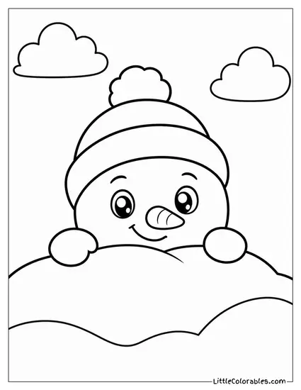 Chibi Snowman Peeking Out from a Snowdrift Coloring Page